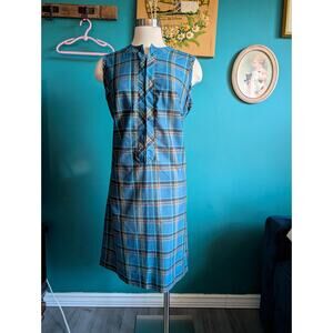 Women's Vintage 1960s plaid shift dress mod in teal and green size large